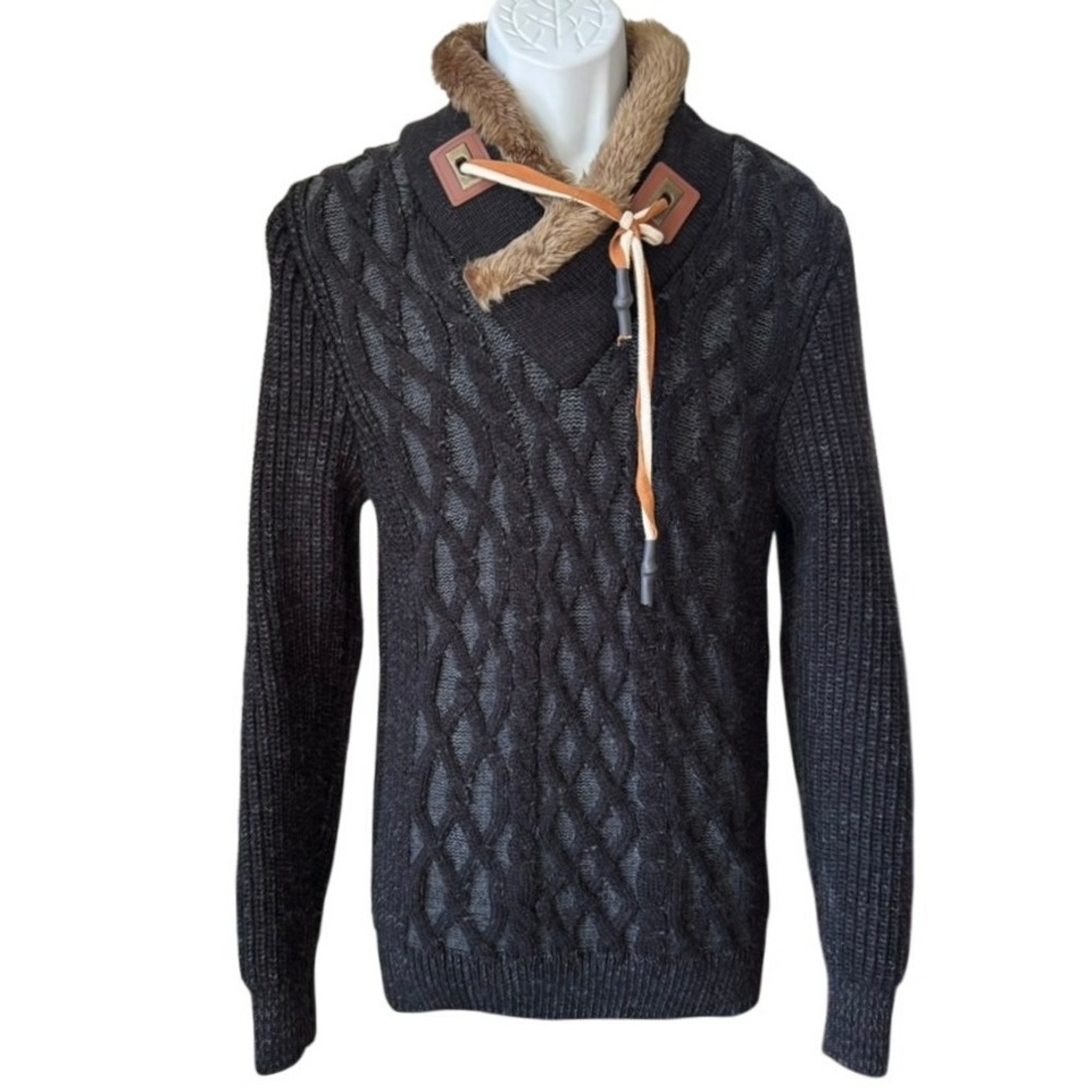LCR Black Edition Cable Knit Sweater Sz L Black Fisherman Fur Trim Shawl Collar